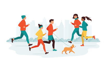 Young men and women diverse nationalities run in a city park. Active healthy lifestyle concept, leisure activity, weekend. Morning, evening jogging. Collection running people. Vector illustration