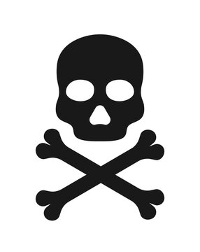 Skull icon. Icon of death. Black crossbones with skull-symbol of danger. Sign of pirates flag. Bone cross and skeleton are logo of dead. Silhouette for toxic poison, piracy in app, halloween. Vector
