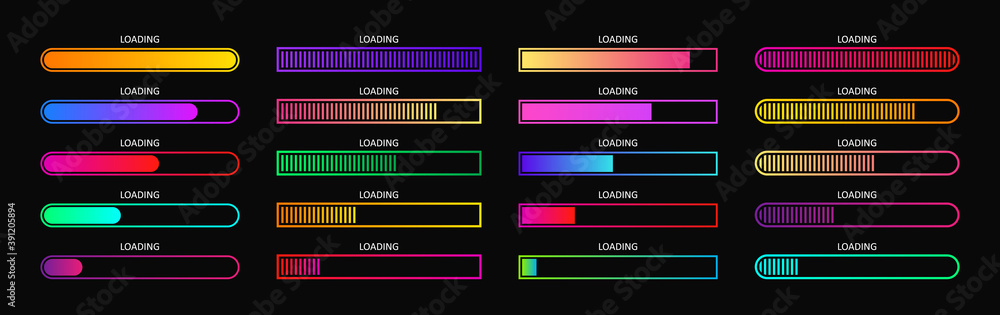 Poster progress load bar. indicator of status download. graphic icons of interface. neon buttons of speed o