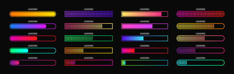 Progress load bar. Indicator of status download. Graphic icons of interface. Neon buttons of speed of upload. Color set of web loaders with percent. Futuristic UI for website, game, internet. Vector