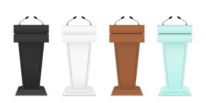 Podium for debate. Rostrum of conference. Pulpit for speech. Tribune with microphone for speaker. Glass, wooden, metal stages and stands. Pedestal for lecture, press on white background. Vector