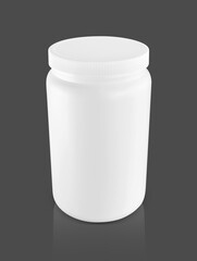 white plastic bottle for whey protein supplement product design mock-up isolated on gray background