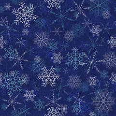 Fototapeta na wymiar Snowy seamless pattern, falling snowflakes on a blue background. Christmas set of snowflakes