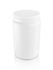 white plastic bottle for whey protein supplement product design mock-up isolated on white background