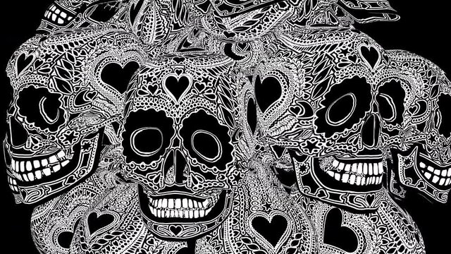Seamless animation of a jelly tattooed skull in printed drawn style cartoon. Cool Halloween background with marker stroke effect in black and white.