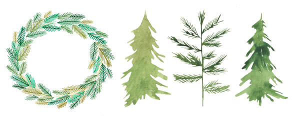 Set with watercolor Christmas trees and a Christmas wreath of fir twigs. For holiday design, scrapbooking, cards, posters.