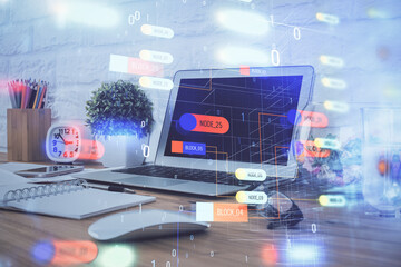 Multi exposure of desktop with personal computer and tech theme drawing. Concept of Bigdata.