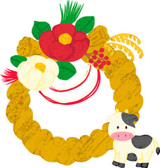 クレヨン画風のお正月リースと牛