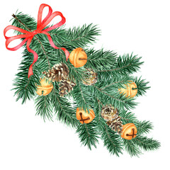 A large and fluffy branch of spruce, pine with decorations and a ribbon. Watercolor Christmas and New Year tree of coniferous branches and cones with bells. Christmas decorations. Isolated.