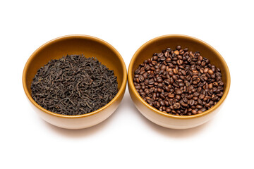 Bowls with coffee and dried tea on a white background