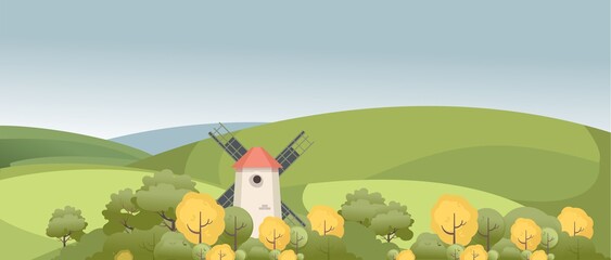illustration countryside windmill among trees