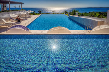 Layers of blue. Infinity pools and blue ocean on Irabu Island, Okinawa, Japan