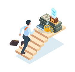 Obraz na płótnie Canvas Businessman on stairs. Man ladder running walking steps on stairs to success and victory vector isometric concept. Man career up, businessman achievement goal illustration