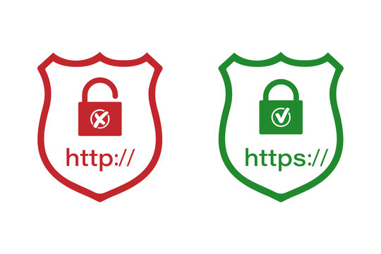 Http and https protocols on the shield with a lock. Safe and reliable browsing . 