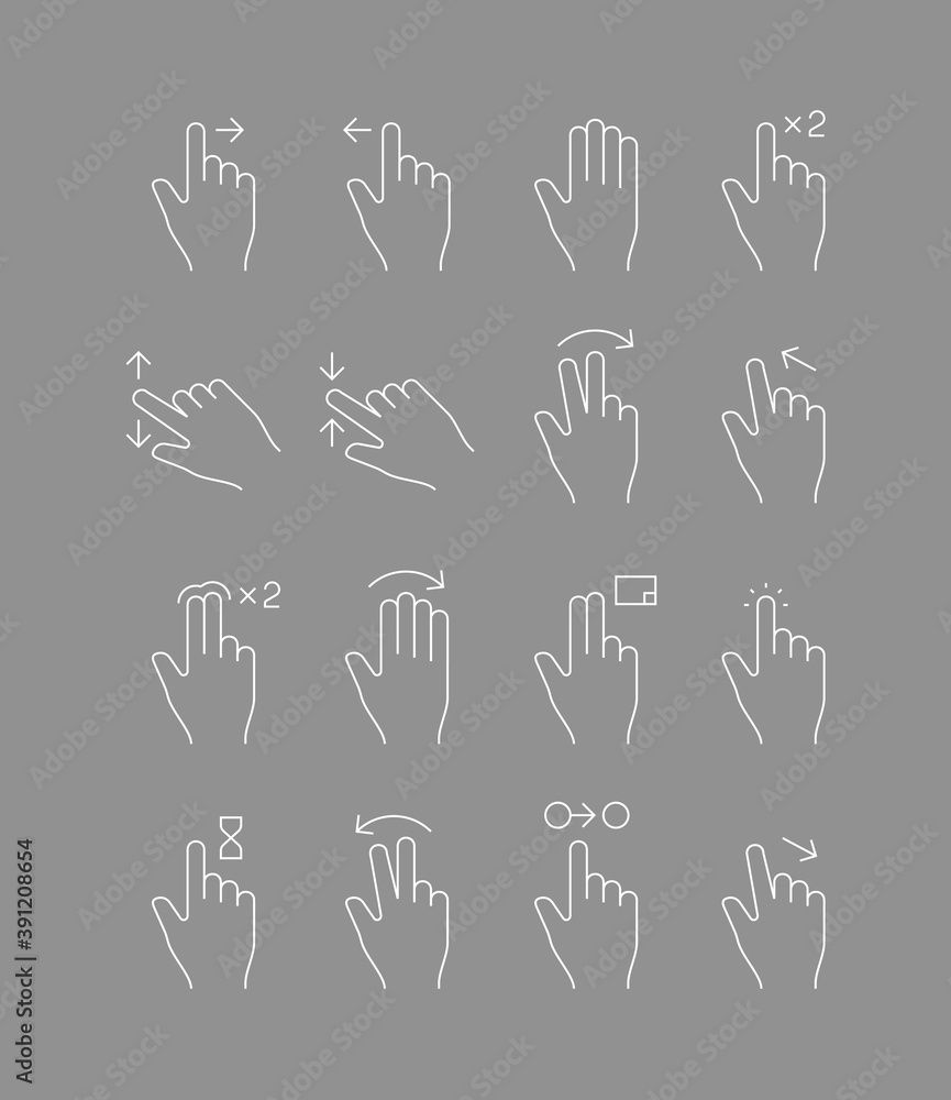 Poster touch screen gestures. hands signs touch mobile devices multi drop scrolling vector line icon. illus