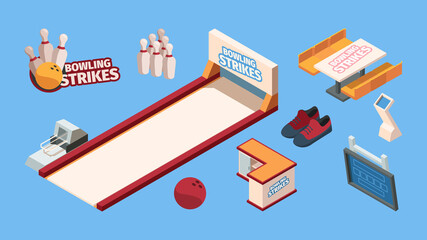 Bowling isometric. Sport leisure fun club for bowling players balls shoes skittles trophy cup vector set. Illustration bowling game, leisure sport isometric equipment