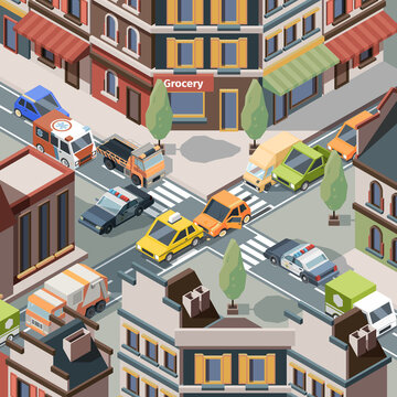 Crossroad accident. Injury trouble urban cars police crash transport on road bus traffic vector isometric. Road car accident intersection, crossroad traffic crash illustration