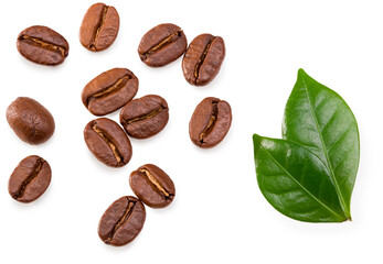 roasted coffee beans with green leaves isolated on white background. Clipping path and full depth of field. Top view