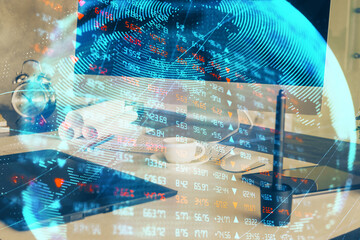Multi exposure of business theme icons and work space with computer background. Concept of success.