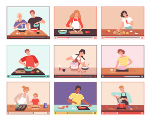 Digital culinary. Food bloggers preparing demonstration cooking processes on tablet smartphone screen personal culinary vector. Demonstration cooking vlog, preparing and cook cake illustration