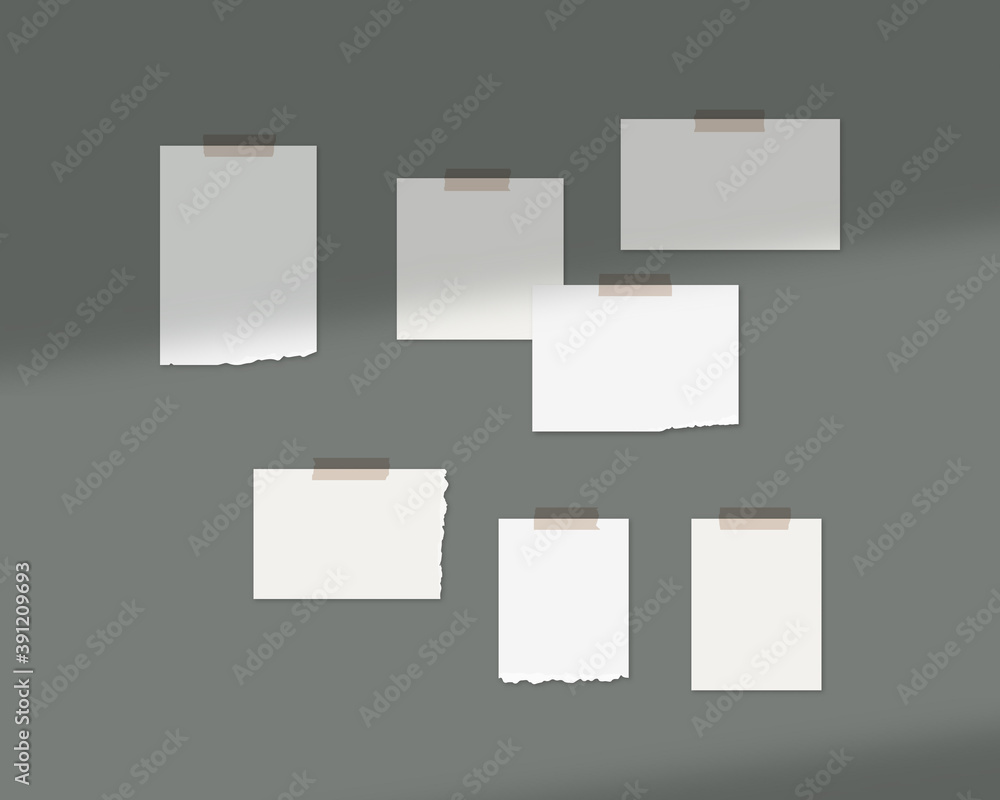 Poster mood board mockup template. empty sheets of white paper on the wall with shadow overlay. mockup vect