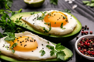 avocado Fried eggs, Food recipe background. space for text. top view