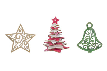 Fototapeta na wymiar Collections of sets of decorations for wooden Christmas trees, Merry Christmas