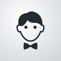 Logotipo con cara de hombre con corbata de lazo en fondo gris