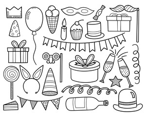 Collection of happy birthday doodles, sketches. Hand drawn sketch isolated on a white. Vector illustration.