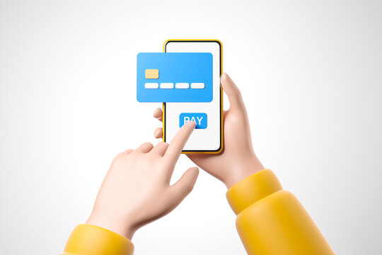 Cartoon hand yellow shirt hold smartphone with big blue credit card on the screen and push pay button. Online payment concept.