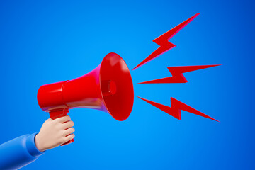 Cartoon hand in blue jacket holding red megaphone loudspeaker with lightnings over blue background.