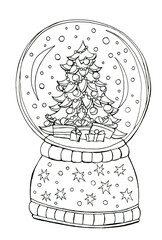 Christmas decorative coloring illustration with snowglobe. Hand drawn snowglobe for adult coloring book,pages/art therapy. Illustration for New Year,posters and greeting cards.