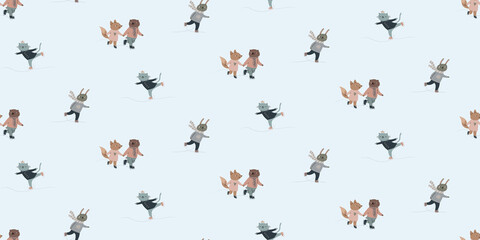Fototapeta na wymiar Animal friends skate for ice seamless pattern. Skating rink illustration. Winter with a bear, fox, cat, and hare, can be used for fabric, wrapping, wallpapers, web page backgrounds, textile.