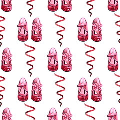 seamless pattern watercolor with pink shoes and ribbon
on white background