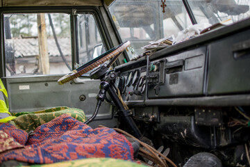 The interior of an old truck. Aboard a vintage truck