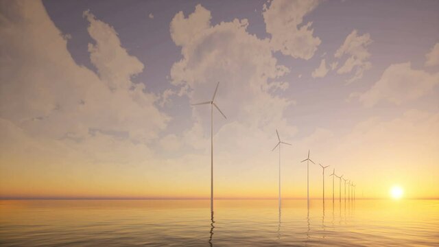 Offshore Wind farm sunset sea 4k