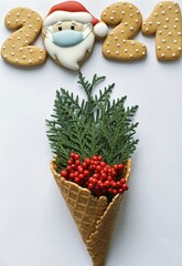 winter waffle cone with gingerbreads in mask for covid Christmas 2021 wallpapers