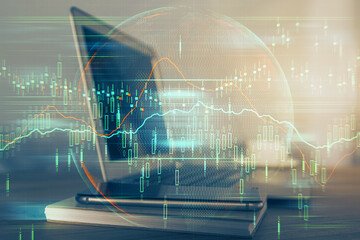 Multi exposure of forex graph and work space with computer. Concept of international online trading.