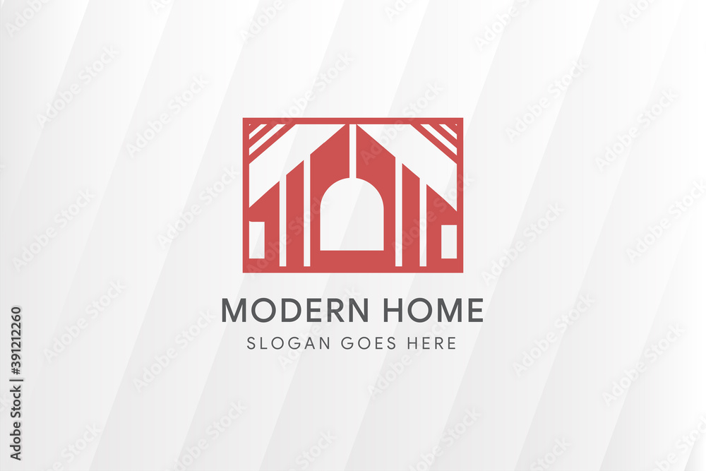 Poster modern home logo design template use flat red color. home in frame. isolated in diagonal shape use white grey gradient background