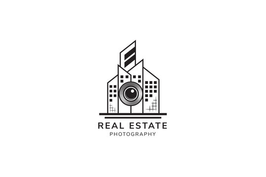 real estate photography logo design template in white and black colors. retro style with combination of lens and building. editable designs. 