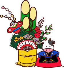 くっきり主線の門松と福助牛