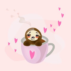 
Cute good-natured sloth sits in a cup of coffee with hearts.
Vector, concept illustration for postcards, web, flyers.