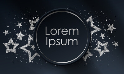 Fototapeta premium Silver medal, reward with stars from silver sparkles, glitter and black paper ribbon with space for text and shadow. Vector illustration.