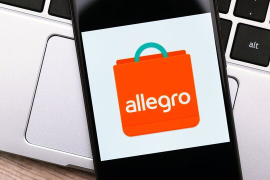 Krakow, Poland - November 08, 2020: Allegro sign on the smartphone screen. Allegro is a popular Polish shopping and auctions internet platform.
