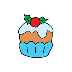 Cute Christmas cupcake with berry, doodle style positive illustration. Happy new year decoration, winter holiday print. Hand drawn vector illustration isolated on white. Cartoon design for children