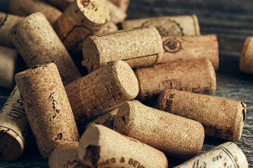 A closeup of many wine bottle corks.