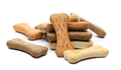 Dog food, pet treats in bone shape isolated on white background