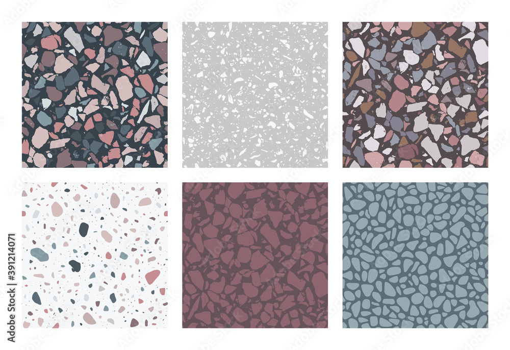 Sticker terrazzo patterns. set of 6 seamless terrazzo texture patterns. colorful, trendy backgrounds. abstra