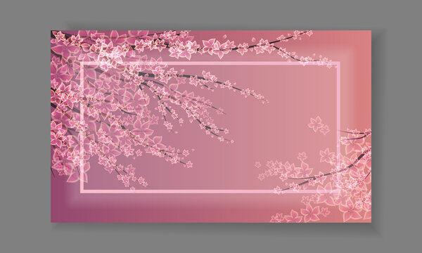 Blooming cherry on pink background with frame. Pink sakura flowers, petals. Wallpaper, wedding invitations, greeting cards for spring sale, holidays, birthday, valentine's day. Vector illustration.