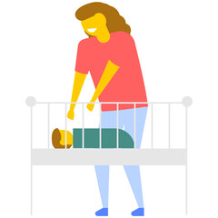 
Mothercare. Mother looking at baby lying in a crib, flat vector icon 
